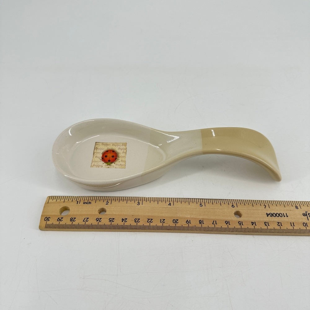 Ceramic Ladybug Spoon Rest Cream and Tan Glossy Kitchen Decor - Picture 6 of 8